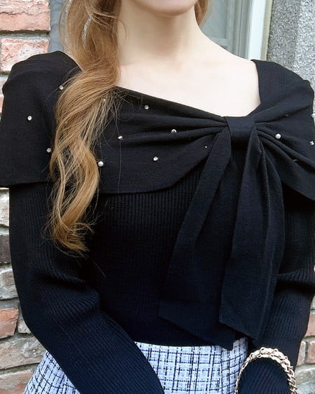 INGNI(イング) ビジュー2Wayオフショルニット クロ/クロ