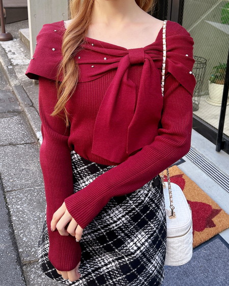 【一部カラー予約受付中】ビジュー2Wayオフショルニット