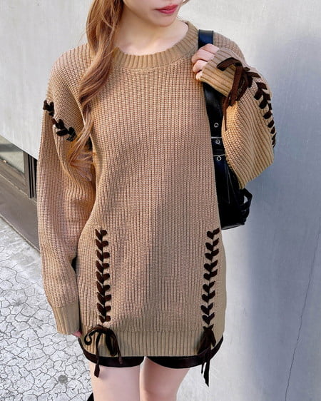 INGNI(イング) レースアップチュニックニット ベージュ/ブラウン