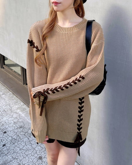 INGNI(イング) レースアップチュニックニット ベージュ/ブラウン