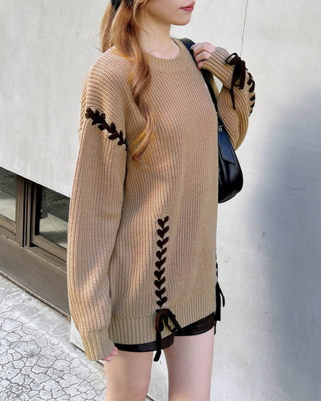 INGNI(イング) レースアップチュニックニット ベージュ/ブラウン