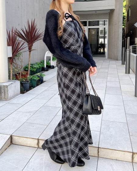 INGNI（イング） シャギーニットボレロ＋マーメイドワンピースセット ｸﾛ/ｸﾛﾁｪｯｸ