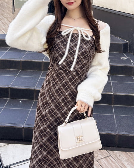 INGNI（イング） シャギーニットボレロ＋マーメイドワンピースセット ｱｲﾎﾞﾘｰ/ﾌﾞﾗｳﾝﾁｪｯｸ