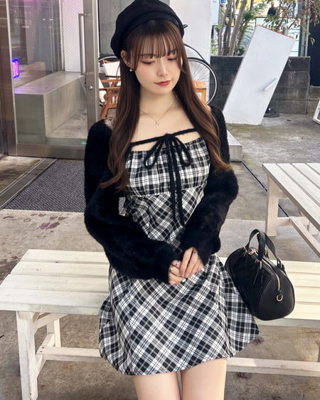 INGNI（イング） フェザーボレロニット＋チェック柄ミニキャミワンピースセット ｸﾛ/ｸﾛﾁｪｯｸ