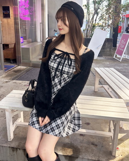 INGNI（イング） フェザーボレロニット＋チェック柄ミニキャミワンピースセット ｸﾛ/ｸﾛﾁｪｯｸ