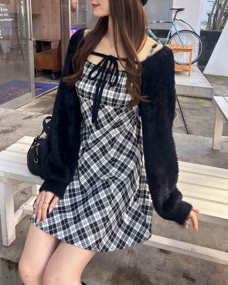 INGNI（イング） フェザーボレロニット＋チェック柄ミニキャミワンピースセット ｸﾛ/ｸﾛﾁｪｯｸ