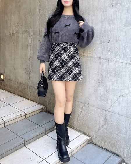 INGNI（イング） ベロアリボン付フェザーニット ﾁｬｺｰﾙｸﾞﾚｰ/ｸﾛ