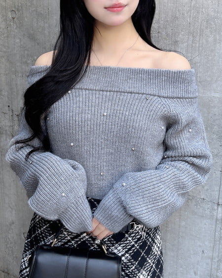 INGNI（イング） もちもちラメパールビジュー付オフショルニット ｸﾞﾚｰ