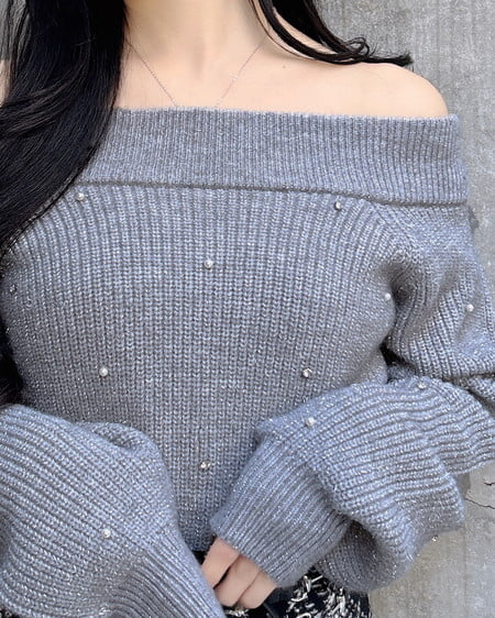 INGNI（イング） もちもちラメパールビジュー付オフショルニット ｸﾞﾚｰ