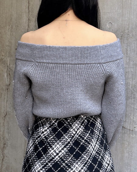 INGNI（イング） もちもちラメパールビジュー付オフショルニット ｸﾞﾚｰ