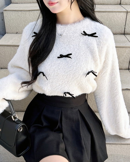 INGNI（イング） ベロアリボン付フェザーニット ｵﾌﾎﾜｲﾄ/ｸﾛ