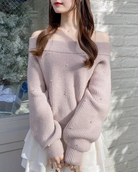 INGNI（イング） もちもちラメパールビジュー付オフショルニット ﾋﾟﾝｸ