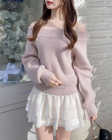 INGNI（イング） もちもちラメパールビジュー付オフショルニット ﾋﾟﾝｸ