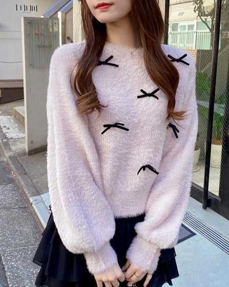 INGNI（イング） ベロアリボン付フェザーニット ﾋﾟﾝｸ/ｸﾛ