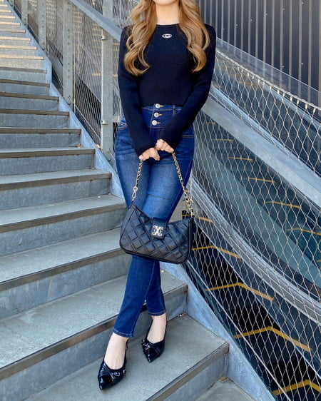 INGNI(イング) メタルプリントリブニット クロ