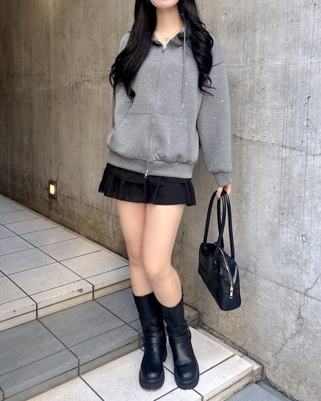 INGNI（イング） ビジュー付ダンボールジップパーカー ﾁｬｺｰﾙｸﾞﾚｰ