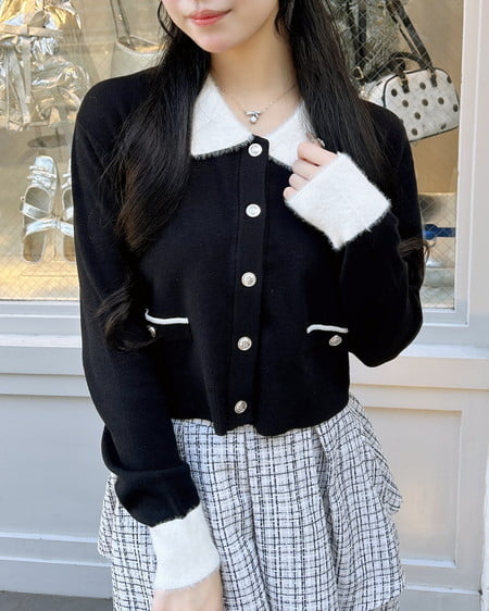 INGNI（イング） フェザー襟配色ニットカーディガン ｸﾛ/ｵﾌﾎﾜｲﾄ