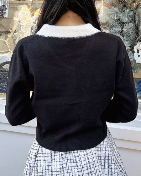 INGNI（イング） フェザー襟配色ニットカーディガン ｸﾛ/ｵﾌﾎﾜｲﾄ