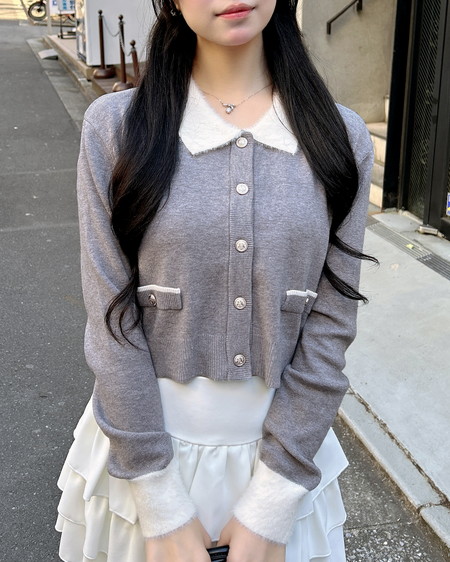 フェザー襟配色ニットカーディガン