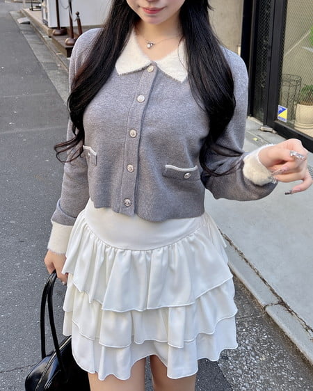 INGNI(イング) フェザー襟配色ニットカーディガン グレー/オフホワイト