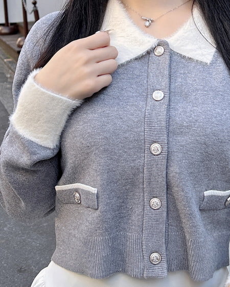 INGNI(イング) フェザー襟配色ニットカーディガン グレー/オフホワイト