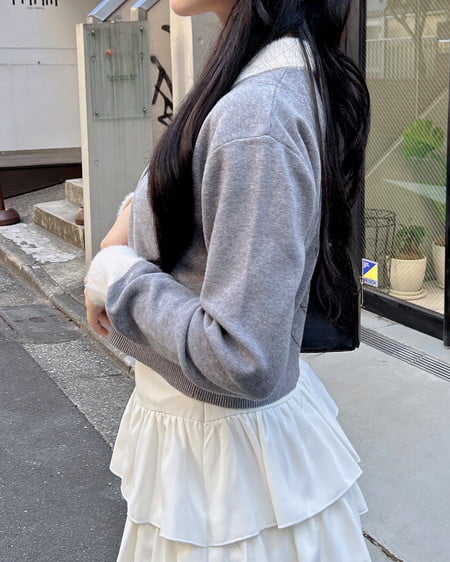 INGNI(イング) フェザー襟配色ニットカーディガン グレー/オフホワイト