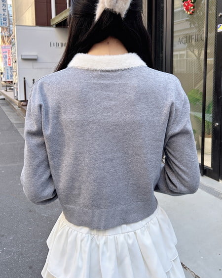 INGNI(イング) フェザー襟配色ニットカーディガン グレー/オフホワイト