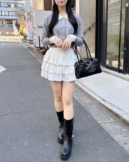 INGNI(イング) フェザー襟配色ニットカーディガン グレー/オフホワイト