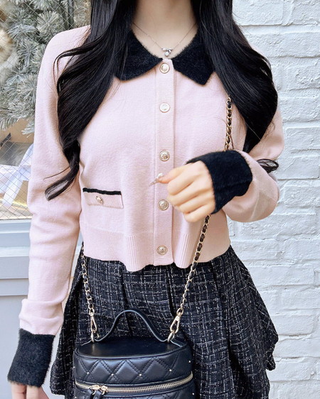 フェザー襟配色ニットカーディガン