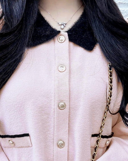 INGNI(イング) フェザー襟配色ニットカーディガン ピンク/クロ