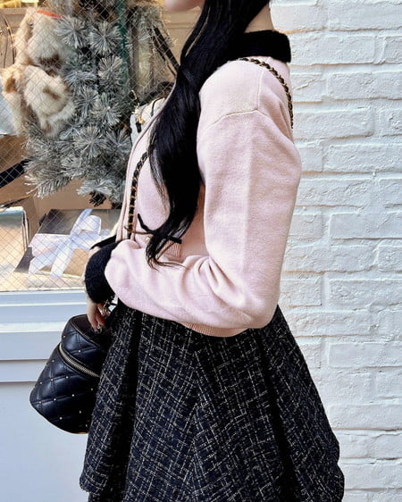 INGNI(イング) フェザー襟配色ニットカーディガン ピンク/クロ