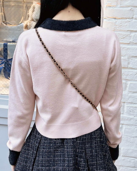 INGNI(イング) フェザー襟配色ニットカーディガン ピンク/クロ