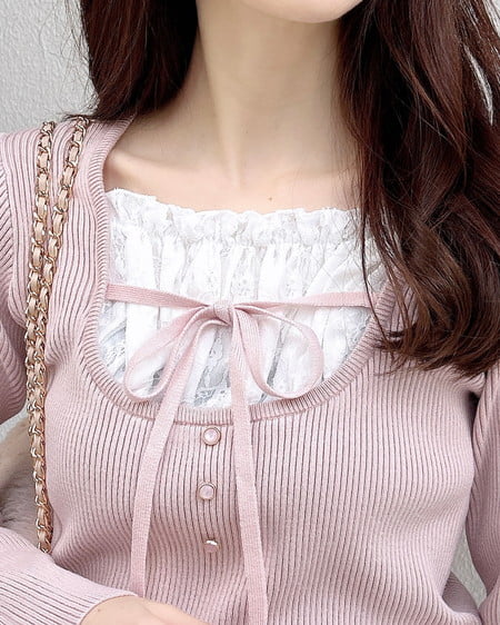 INGNI（イング） フロントレースドッキングニット ﾋﾟﾝｸ/ｵﾌﾎﾜｲﾄ