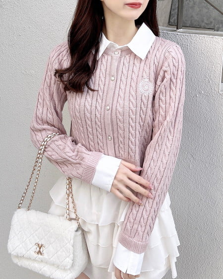 INGNI（イング） シャツレイヤード風ケーブルニット ﾋﾟﾝｸ/ｵﾌﾎﾜｲﾄ