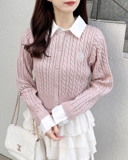 INGNI（イング） シャツレイヤード風ケーブルニット ﾋﾟﾝｸ/ｵﾌﾎﾜｲﾄ