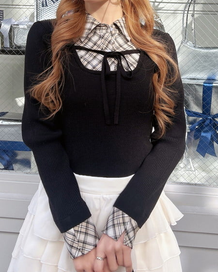 チェックシャツドッキングフロントリボンニット