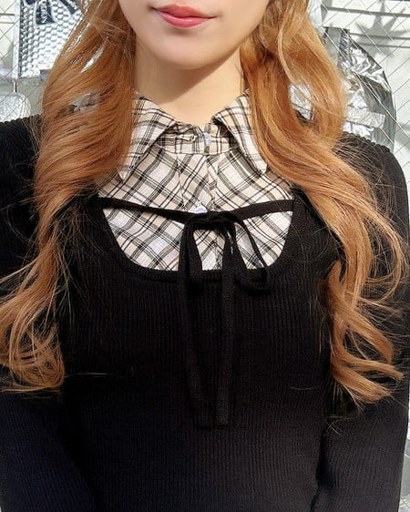 INGNI(イング) チェックシャツドッキングフロントリボンニット クロ/ベージュ