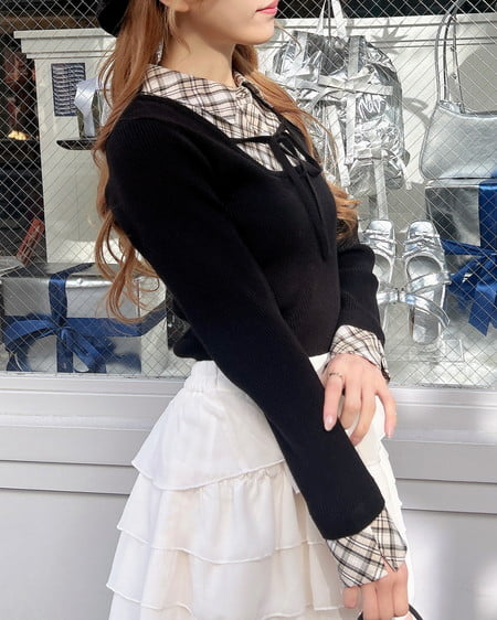 INGNI(イング) チェックシャツドッキングフロントリボンニット クロ/ベージュ