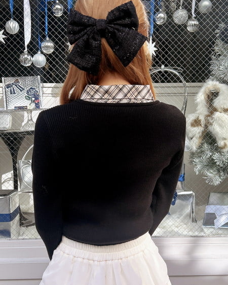 INGNI(イング) チェックシャツドッキングフロントリボンニット クロ/ベージュ