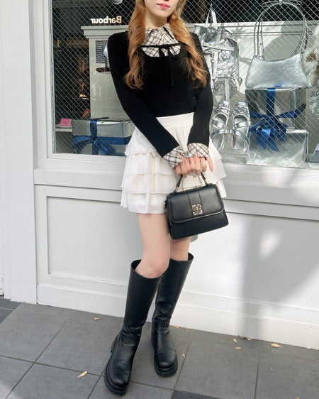 INGNI(イング) チェックシャツドッキングフロントリボンニット クロ/ベージュ