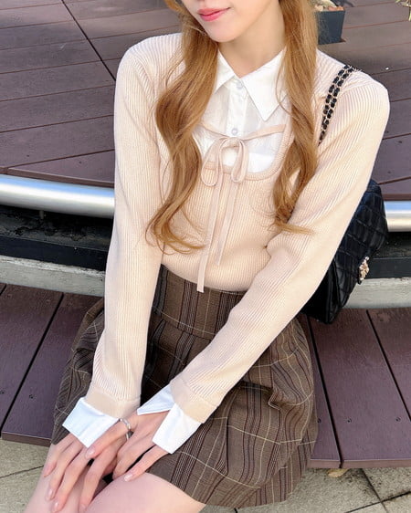 INGNI(イング) シャツドッキングフロントリボンニット ベージュ/オフホワイト