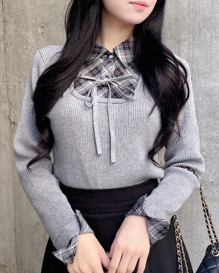 チェックシャツドッキングフロントリボンニット