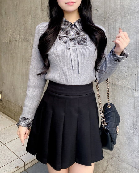 INGNI(イング) チェックシャツドッキングフロントリボンニット グレー/クロ