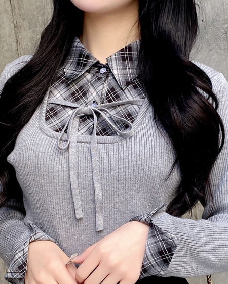 INGNI(イング) チェックシャツドッキングフロントリボンニット グレー/クロ