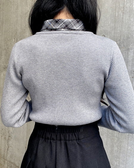 INGNI(イング) チェックシャツドッキングフロントリボンニット グレー/クロ