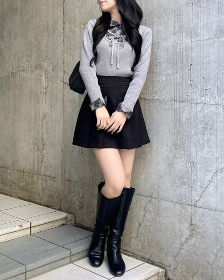 INGNI(イング) チェックシャツドッキングフロントリボンニット グレー/クロ