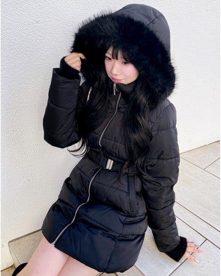 ファーフード付ウエストベルトエコダウンコート