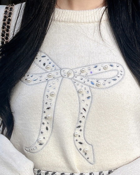 INGNI（イング） リボン×ビジューもちもちニット ｵﾌﾎﾜｲﾄ