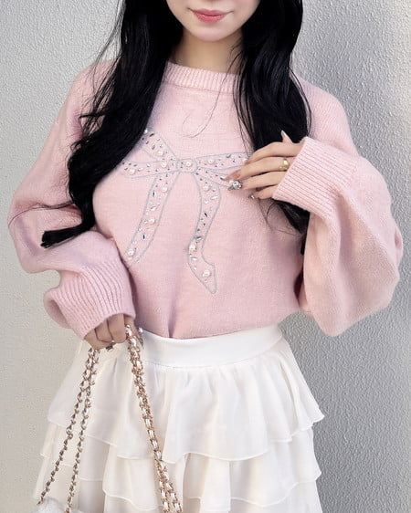 リボン×ビジューもちもちニット