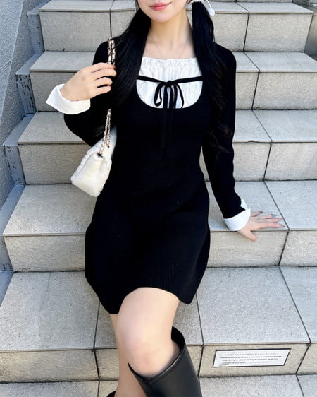 INGNI（イング） シャツドッキングニットワンピース ｸﾛ